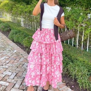 Pink Floral Tiered Maxi Skirt